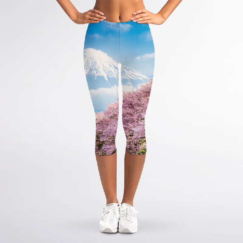 New Deals Mount Fuji And Cherry Blossom Print Women's Capri Leggings