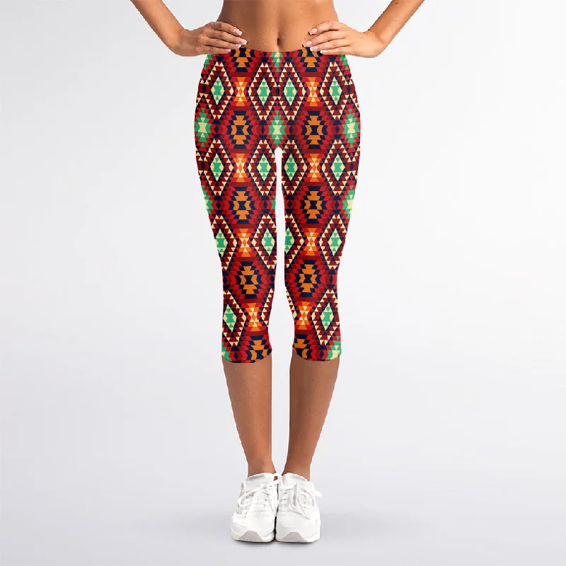 Exclusive Offers Native American Geometric Pattern Print Women's Capri Leggings