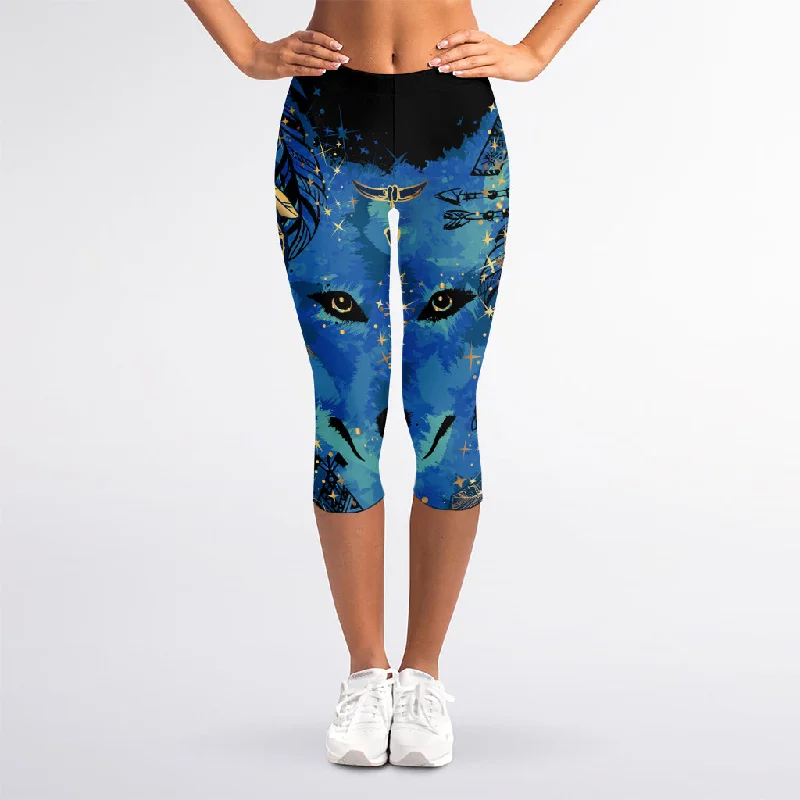 Buy More, Save More Native American Spiritual Wolf Print Women's Capri Leggings