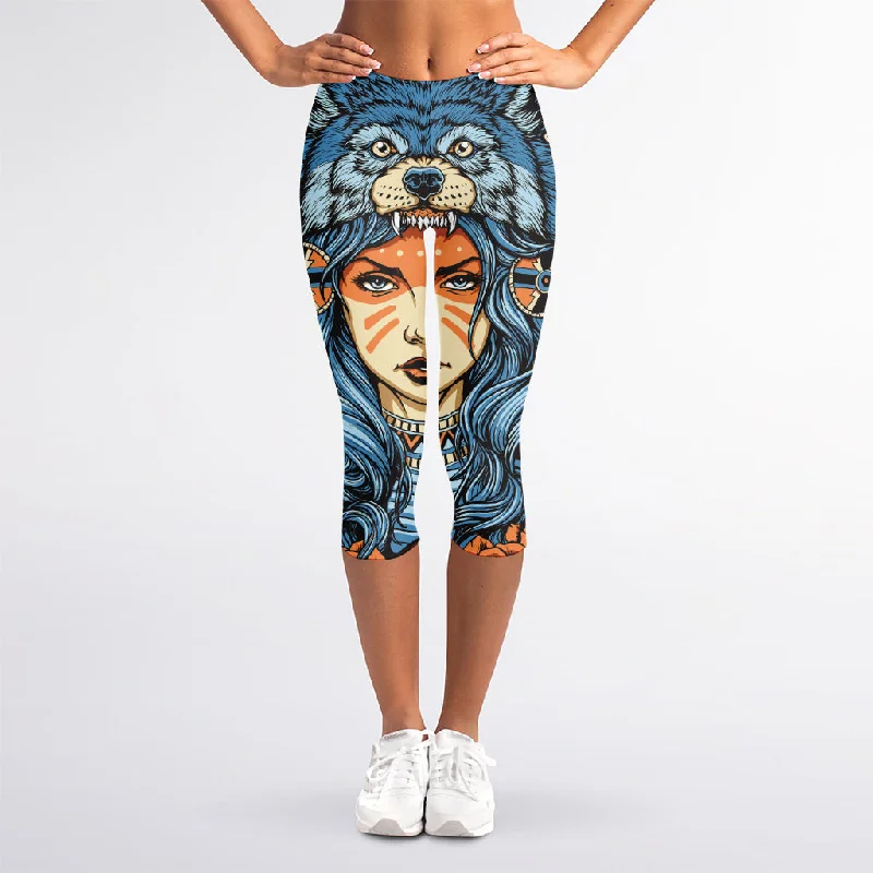 YEAR-End Clearance Native American Wolf Girl Print Women's Capri Leggings