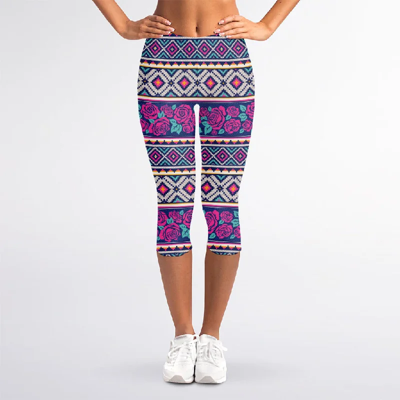 Closeout Native Tribal Ethnic Rose Pattern Print Women's Capri Leggings