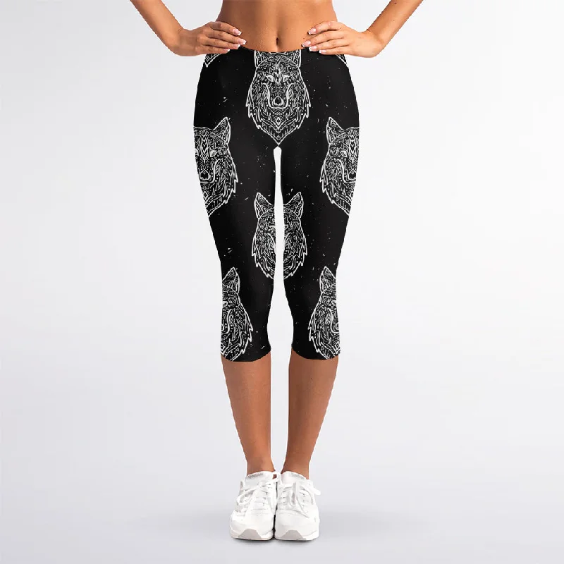 Savings Bonanza Native Tribal Wolf Pattern Print Women's Capri Leggings