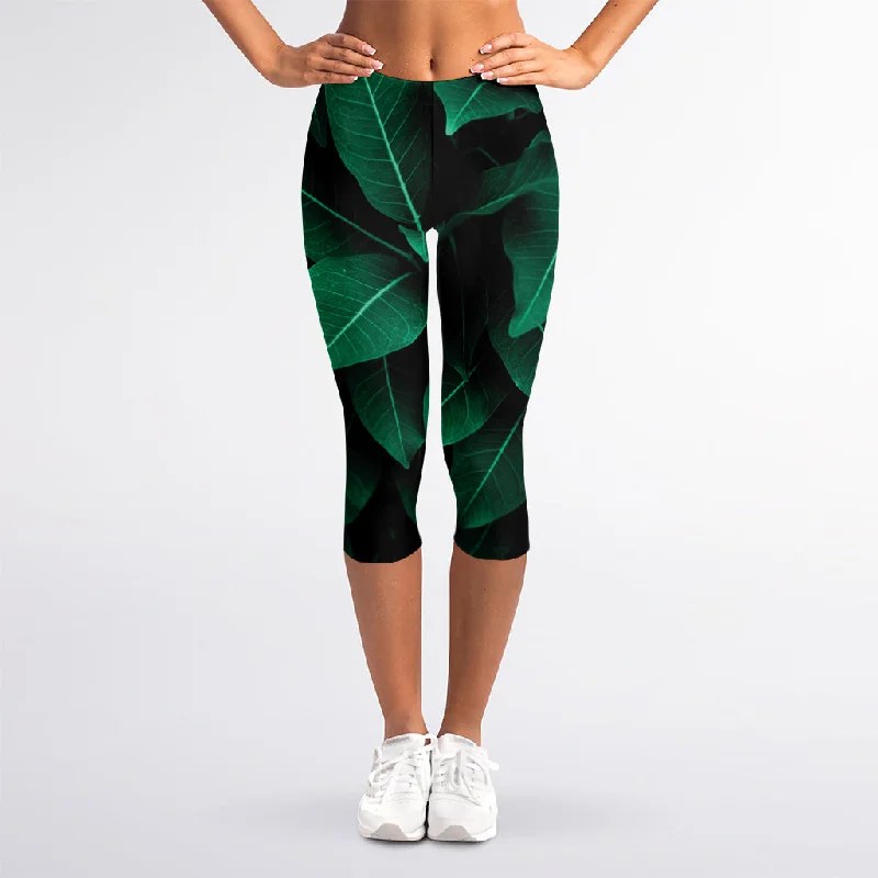 Deal Zone Natural Green Leaf Print Women's Capri Leggings