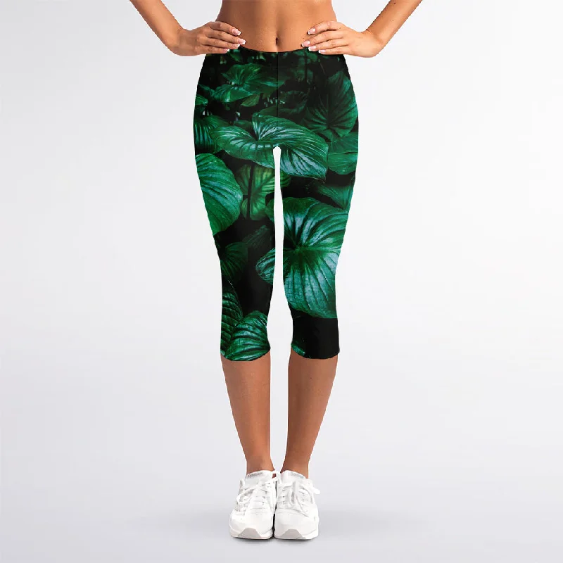 Savings Alert Natural Tropical Leaf Print Women's Capri Leggings