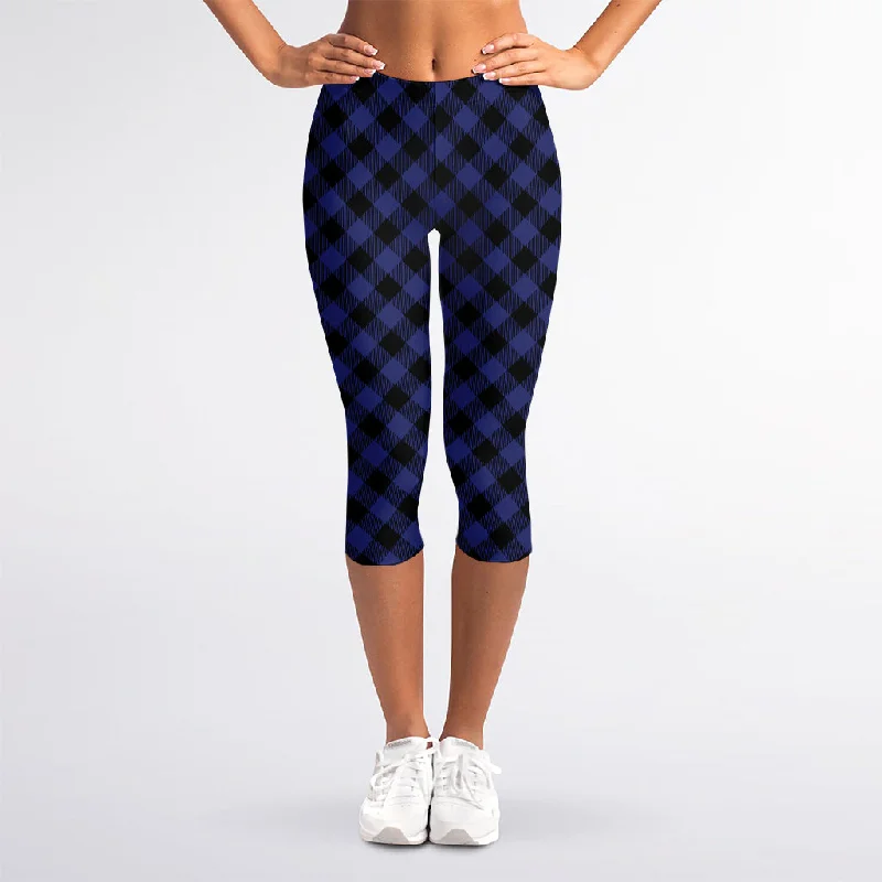 Discount Extravaganza Navy And Black Buffalo Plaid Print Women's Capri Leggings