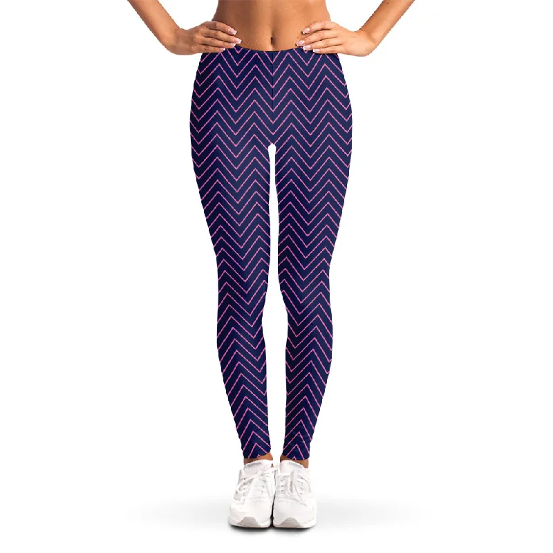 Time-Limited Offer Navy And Pink Zigzag Pattern Print Women's Leggings