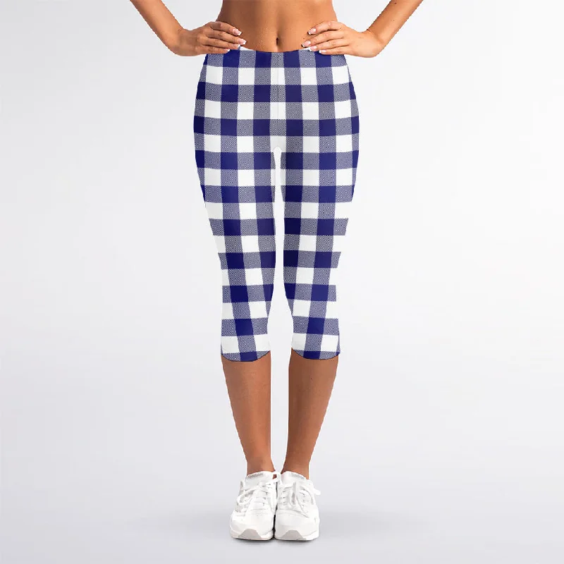 Warehouse Sale Navy And White Buffalo Check Print Women's Capri Leggings