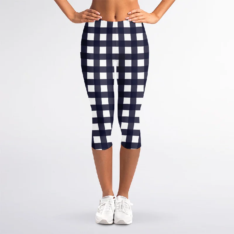 Closeout Sale Navy And White Check Pattern Print Women's Capri Leggings