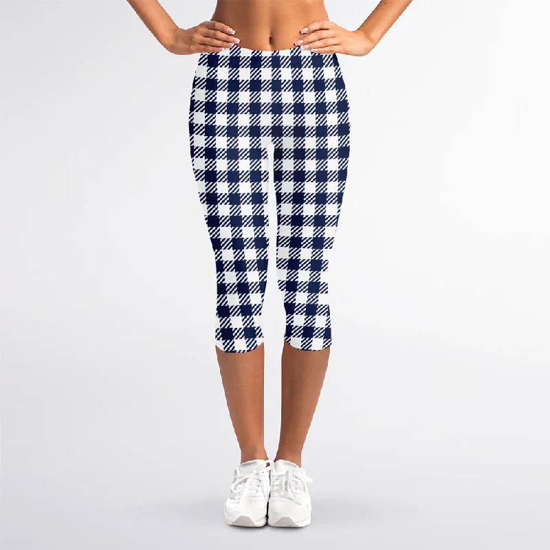 Price Blitz Navy And White Gingham Pattern Print Women's Capri Leggings