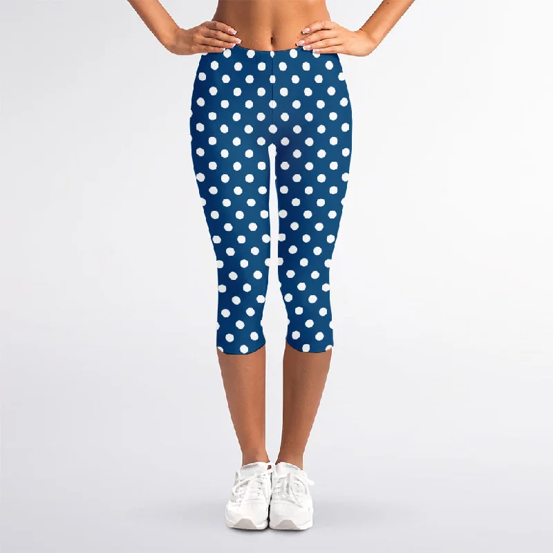 Special Buy Navy And White Polka Dot Pattern Print Women's Capri Leggings