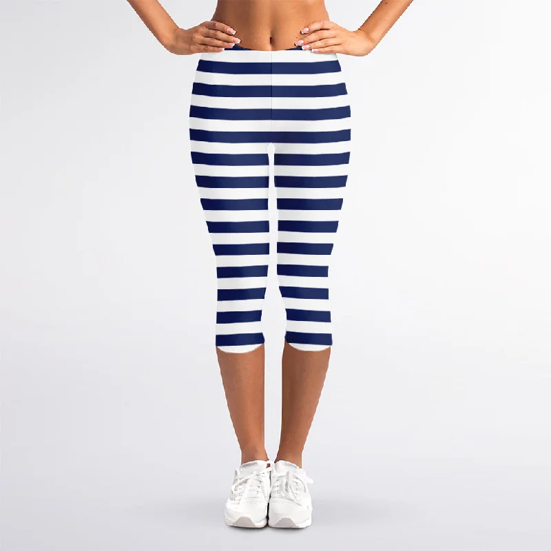 Customer Appreciation Sale Navy And White Striped Pattern Print Women's Capri Leggings
