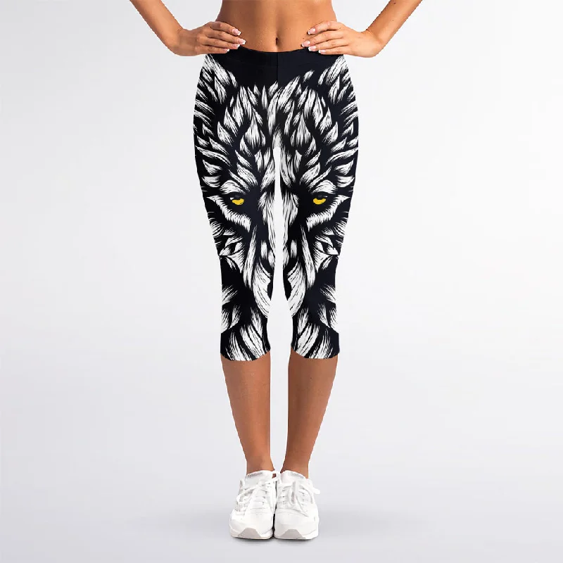 Year-End Sale Navy And White Wolf Print Women's Capri Leggings