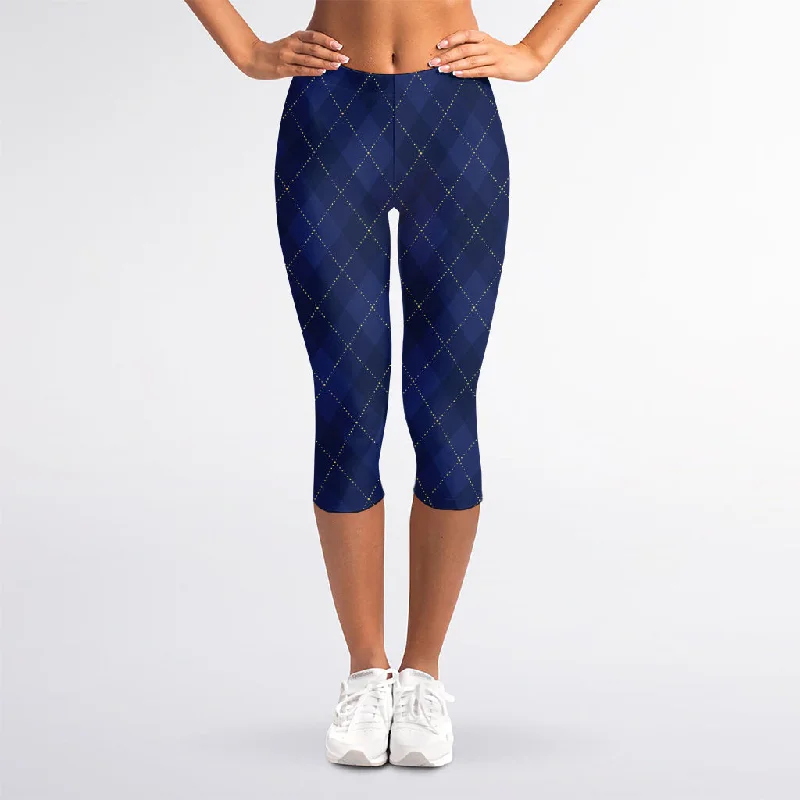 Special Promotion Navy Blue Argyle Pattern Print Women's Capri Leggings