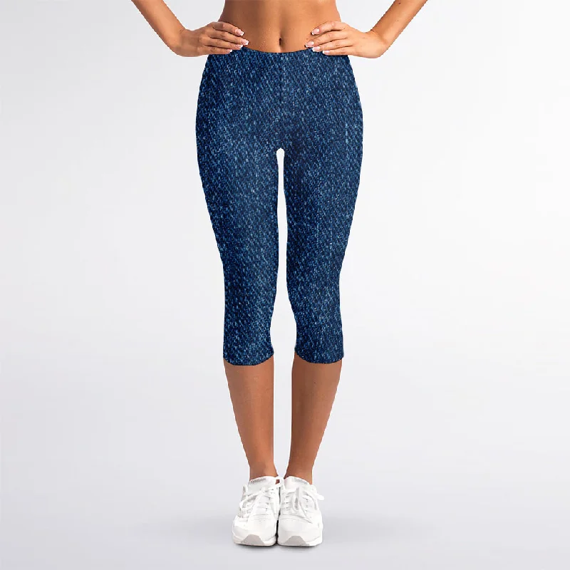 Act Now Navy Blue Denim Jeans Print Women's Capri Leggings