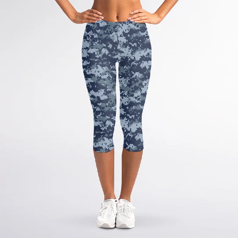 Deal of the Day Navy Digital Camo Pattern Print Women's Capri Leggings