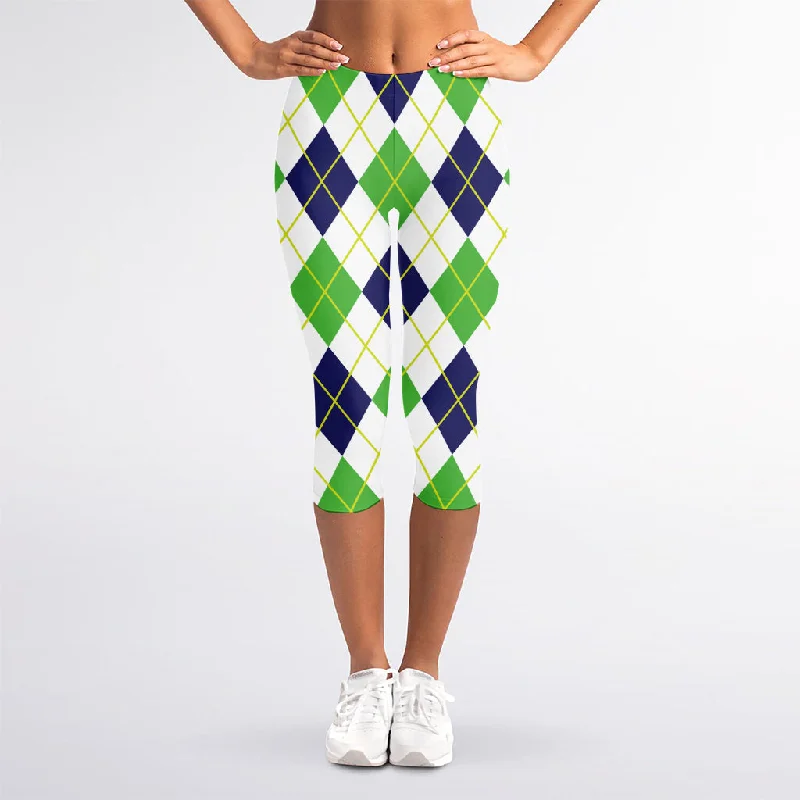 Members Only Navy Green And White Argyle Print Women's Capri Leggings
