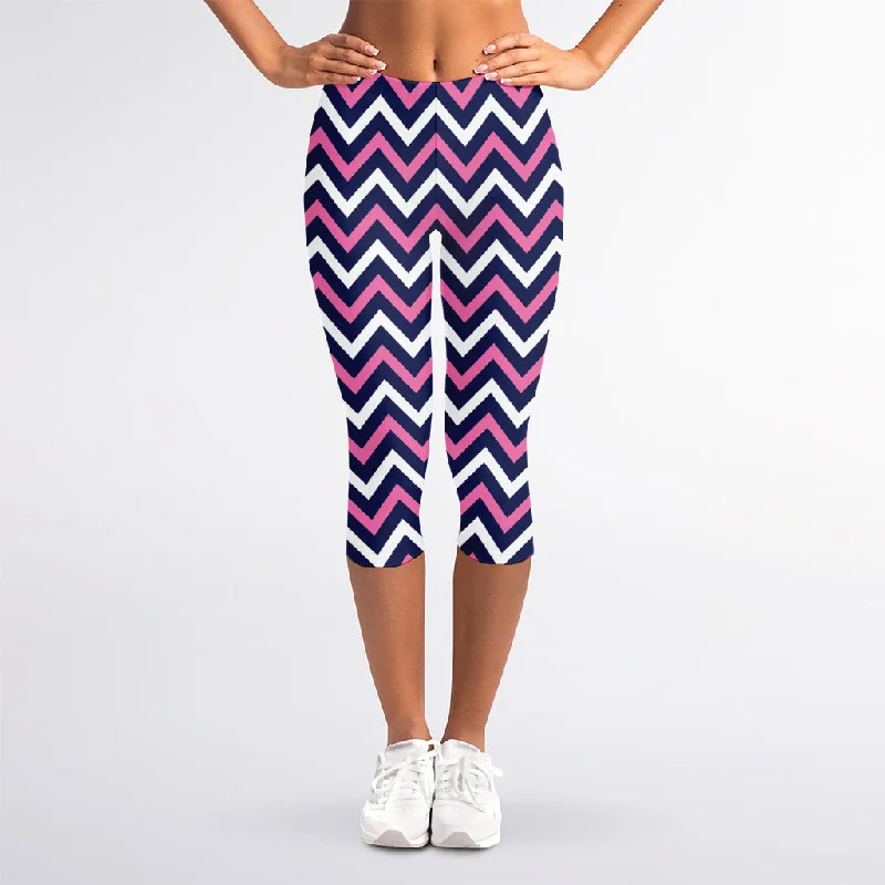 While Supplies Last Navy Pink And White Chevron Print Women's Capri Leggings