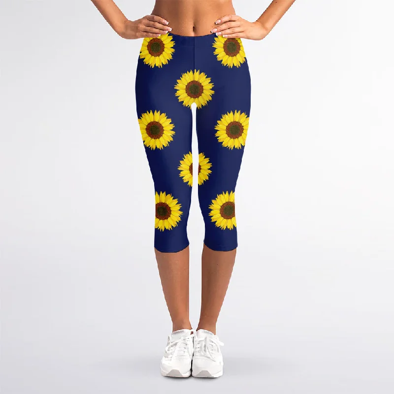 Stock Up and Save Navy Sunflower Pattern Print Women's Capri Leggings