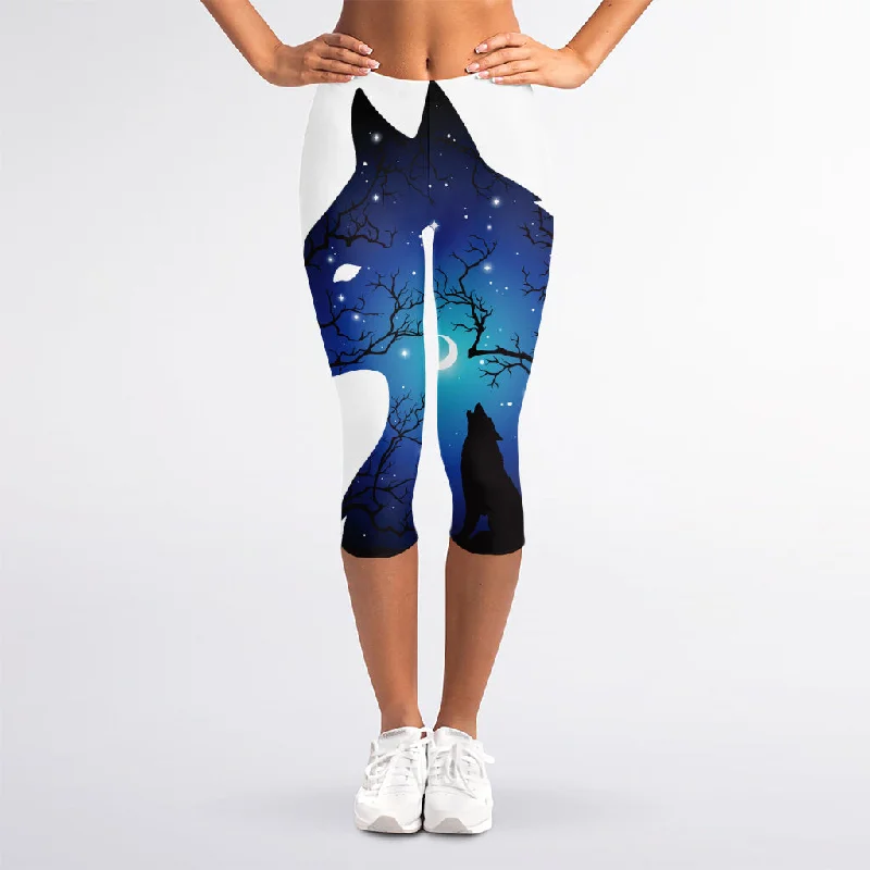 Value Deals Night Forest Wolf Spirit Print Women's Capri Leggings