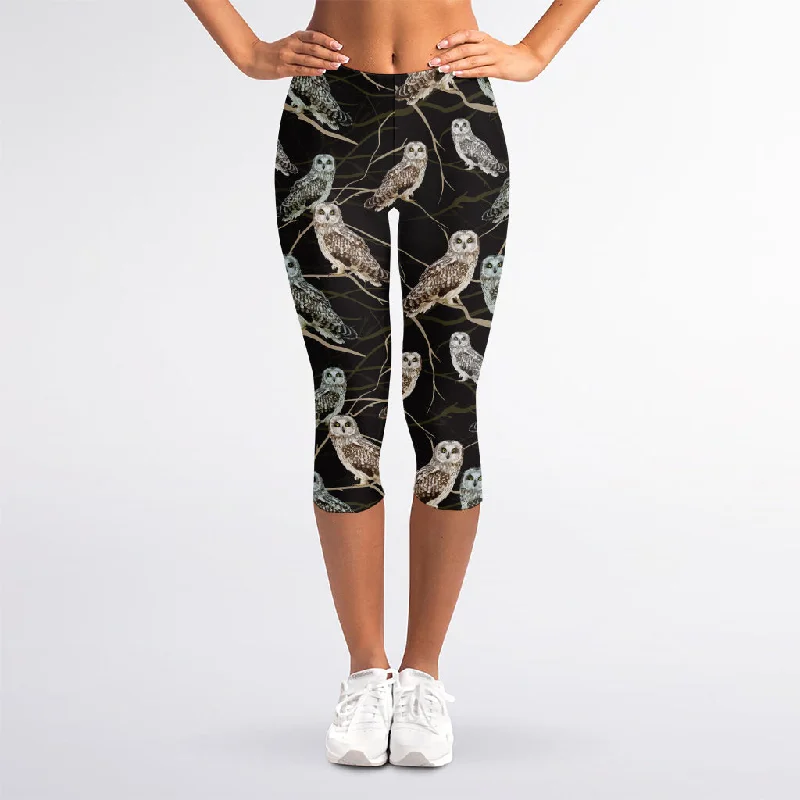 Year-End Clearance Night Owl Pattern Print Women's Capri Leggings