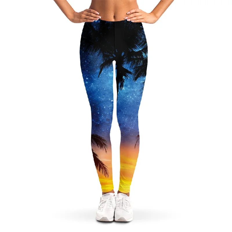Discount Mania Night Sunset Sky And Palm Trees Print Women's Leggings