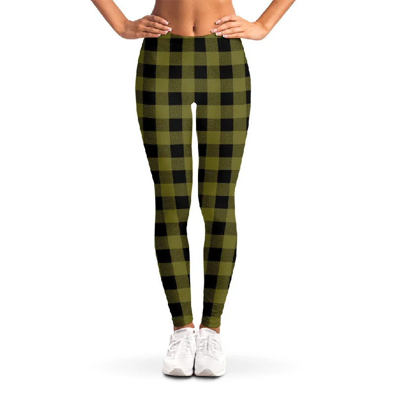 Instant Discount Olive Green Buffalo Check Pattern Print Women's Leggings
