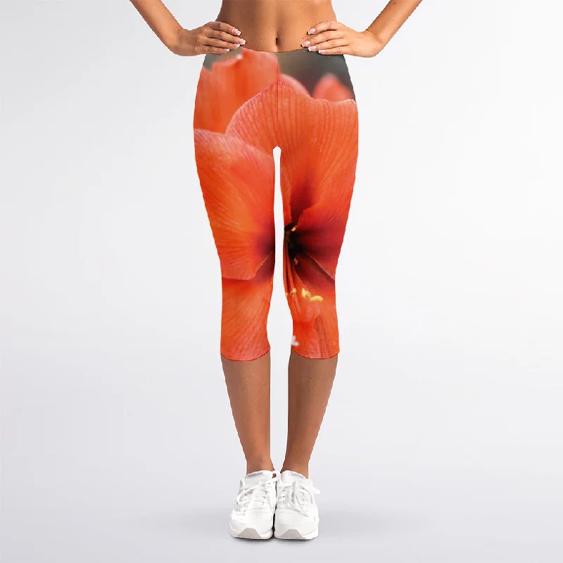 Clearance Items Orange Amaryllis Print Women's Capri Leggings
