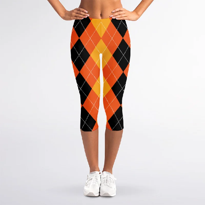 Fantastic Deals Orange And Black Argyle Pattern Print Women's Capri Leggings
