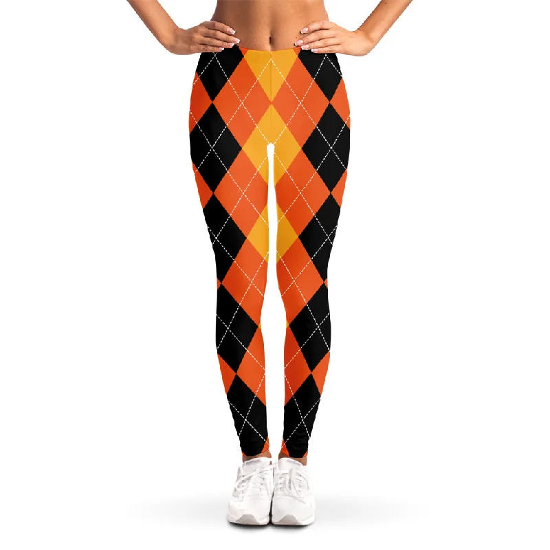 Best Bargains Orange And Black Argyle Pattern Print Women's Leggings