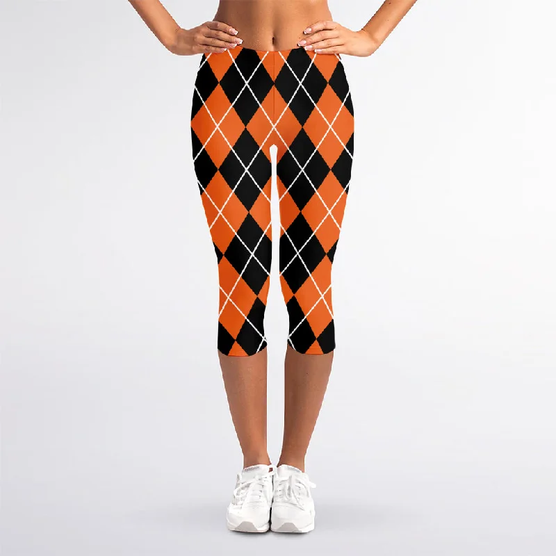 Blowout Deals Orange And Black Argyle Print Women's Capri Leggings