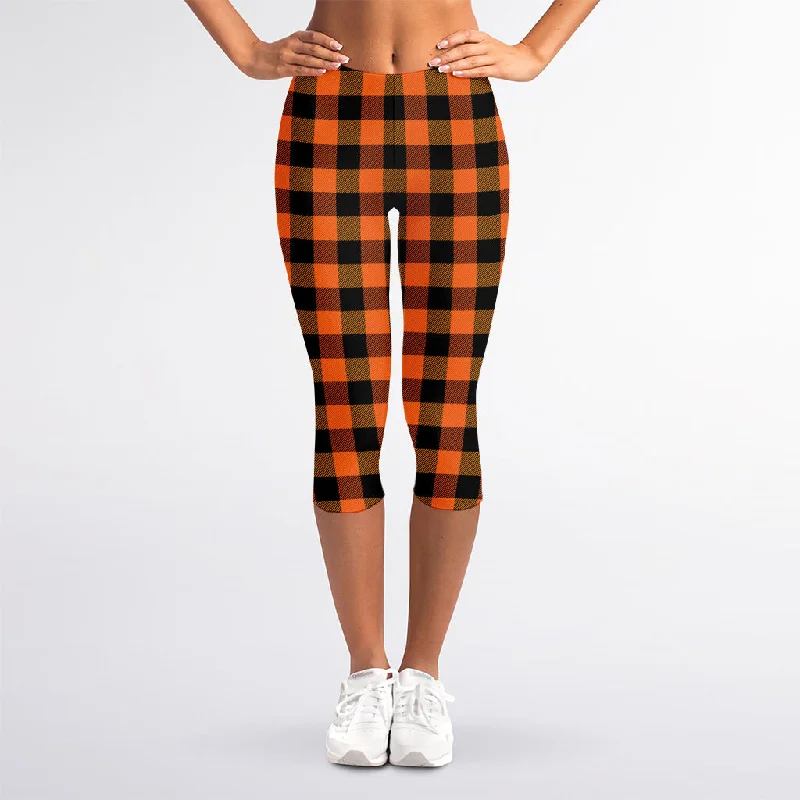 Don't Miss Orange And Black Buffalo Check Print Women's Capri Leggings