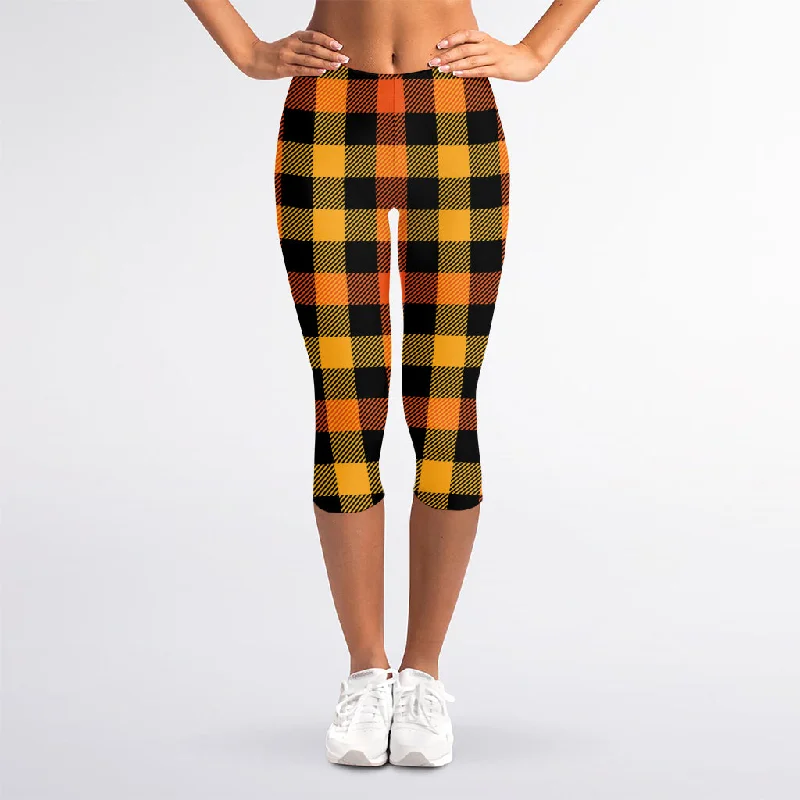 YEAR-End Clearance Orange And Black Buffalo Plaid Print Women's Capri Leggings