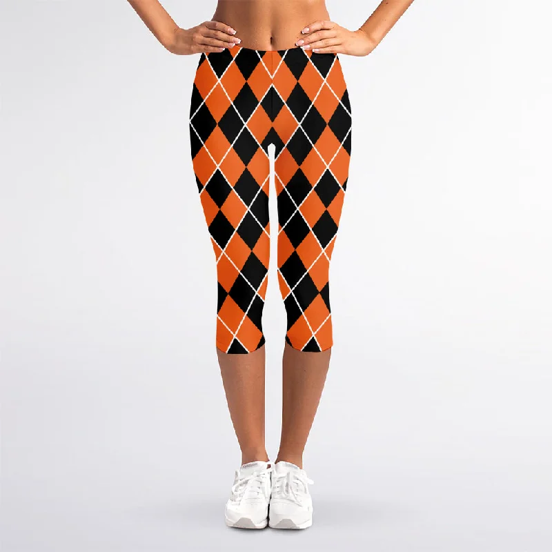 TIME-Limited Offer Orange And Black Halloween Argyle Print Women's Capri Leggings