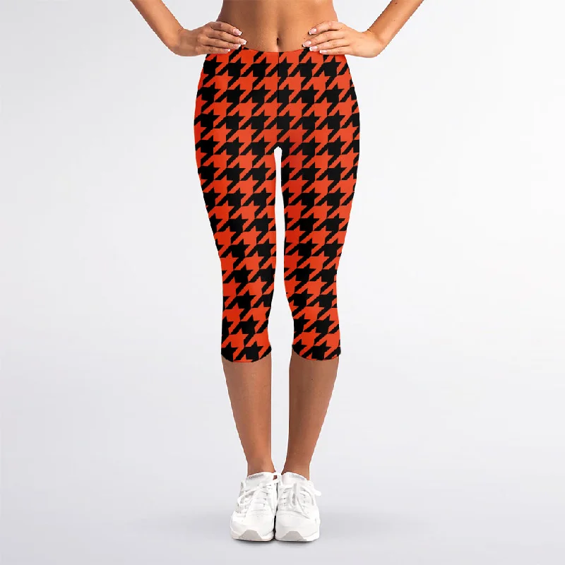 Savings Galore Orange And Black Houndstooth Print Women's Capri Leggings