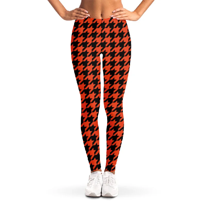Instant Savings Orange And Black Houndstooth Print Women's Leggings