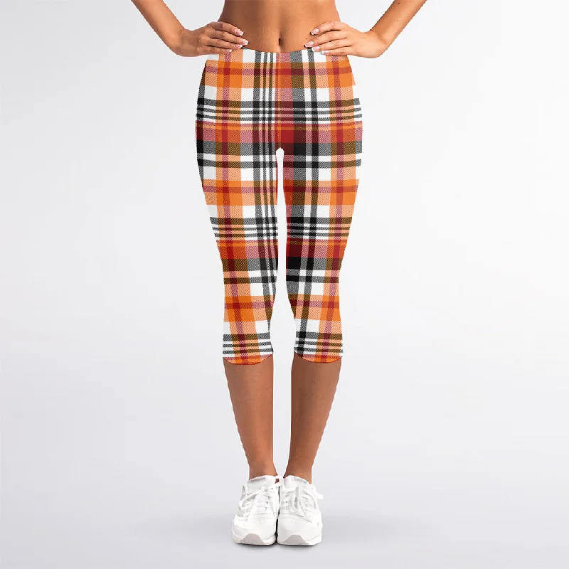 Price Rollback Orange And Black Madras Plaid Print Women's Capri Leggings