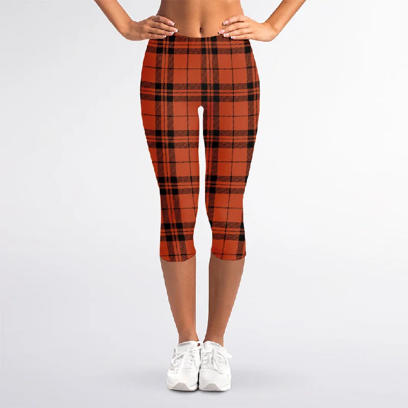 Super Bargain Orange And Black Tartan Pattern Print Women's Capri Leggings