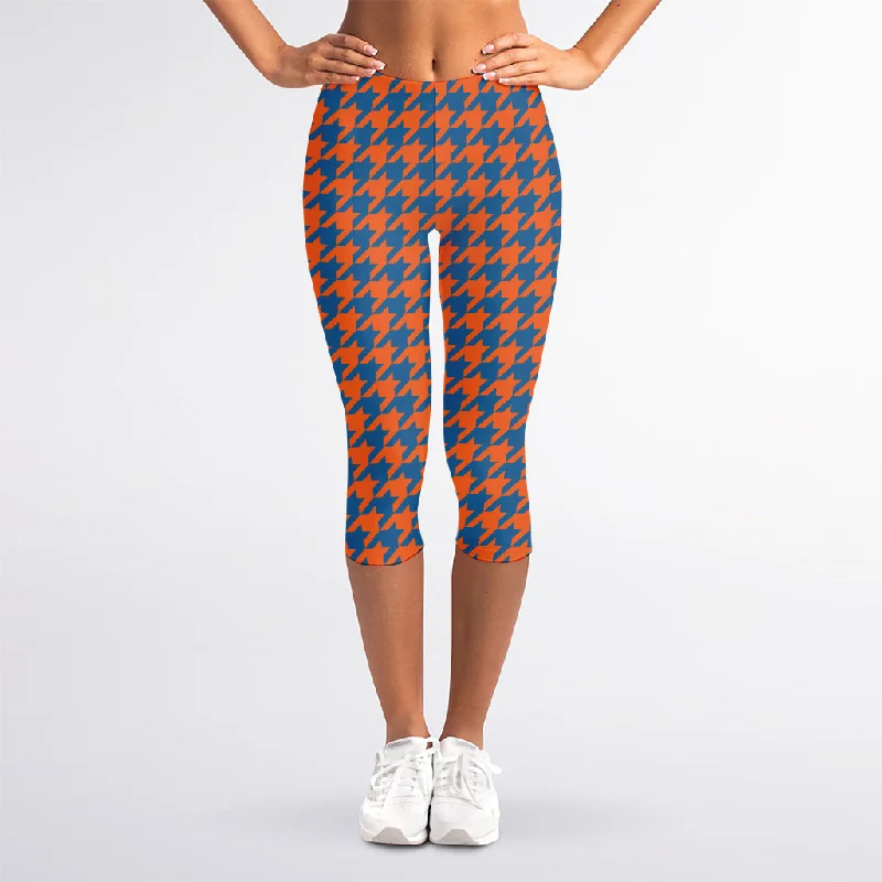 Markdowns Orange And Blue Houndstooth Print Women's Capri Leggings