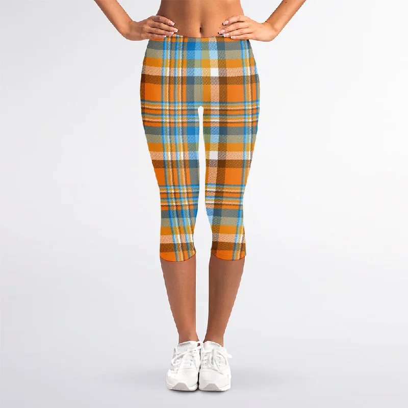 Overstock Orange And Blue Madras Pattern Print Women's Capri Leggings