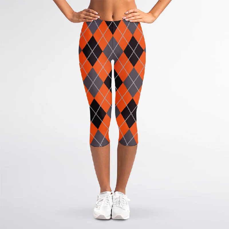 Massive Deals Orange And Grey Halloween Argyle Print Women's Capri Leggings