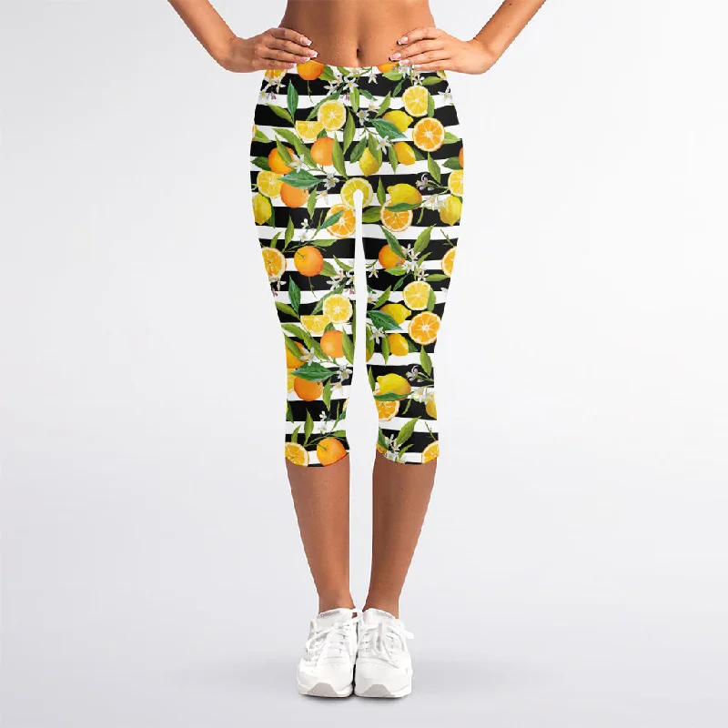 Now or Never Orange And Lemon Striped Pattern Print Women's Capri Leggings