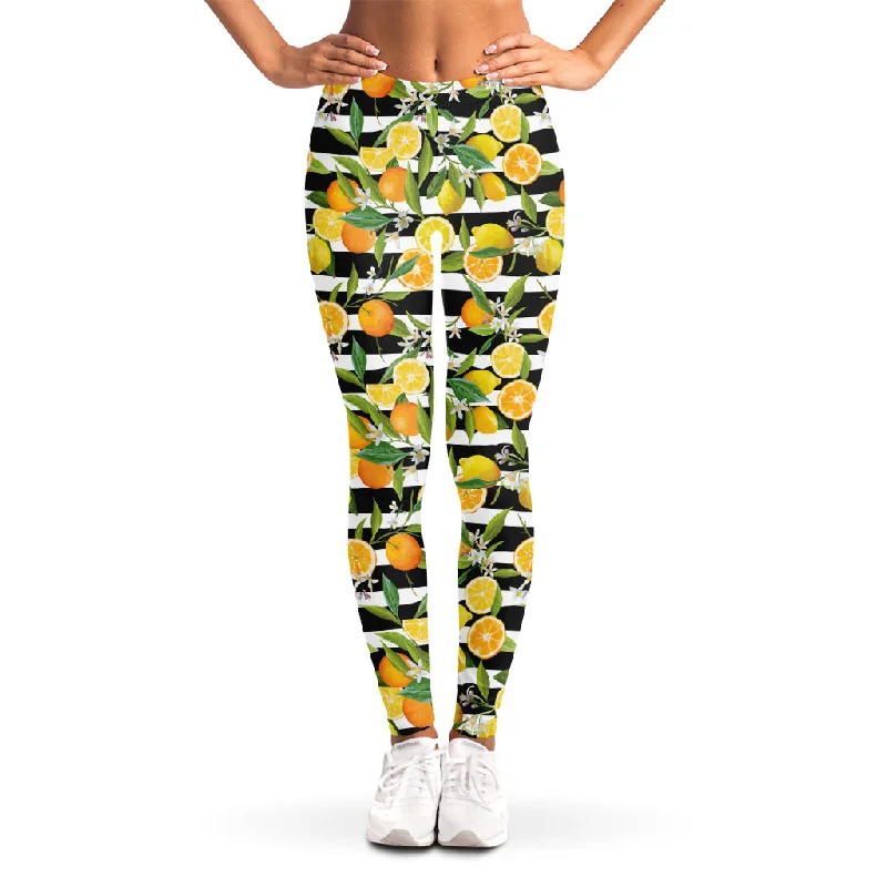 Super Savings Orange And Lemon Striped Pattern Print Women's Leggings