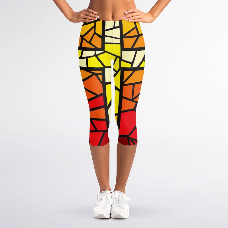 Hurry In Orange And Red Stained Glass Cross Print Women's Capri Leggings