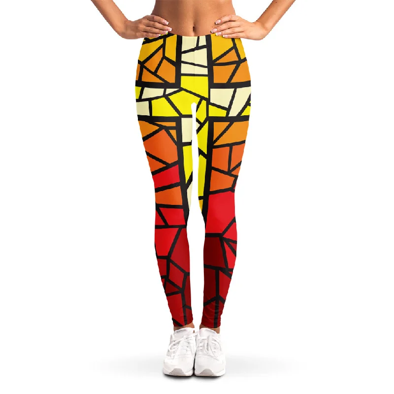 Price Drop Orange And Red Stained Glass Cross Print Women's Leggings