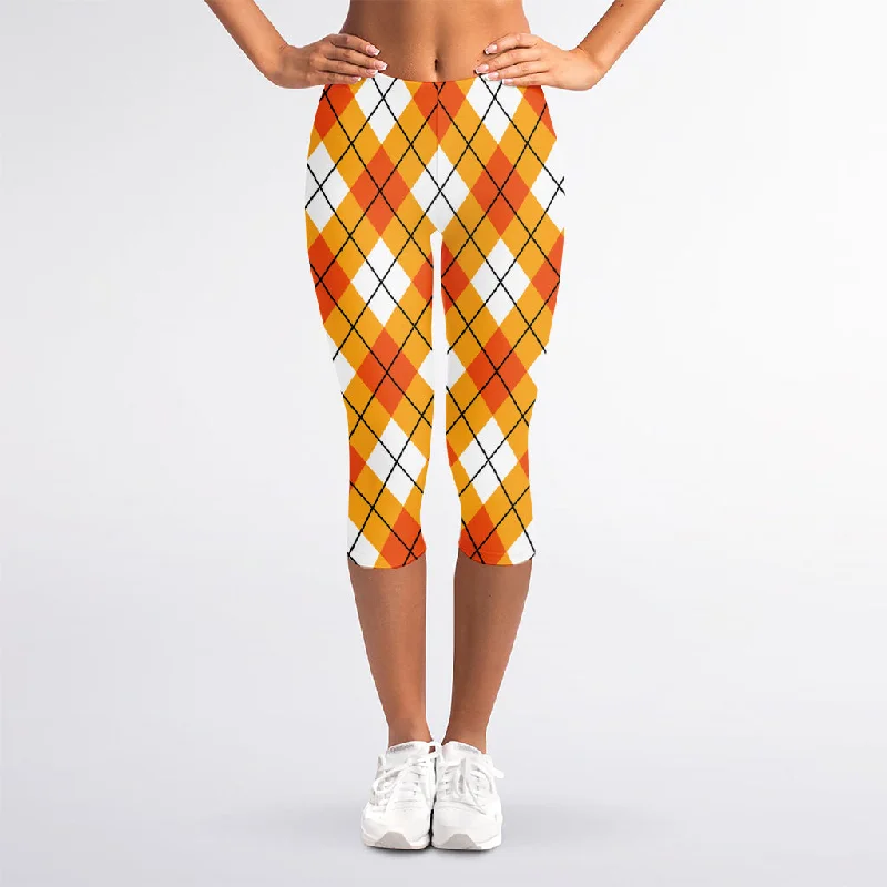 Extra Savings Orange And White Argyle Pattern Print Women's Capri Leggings