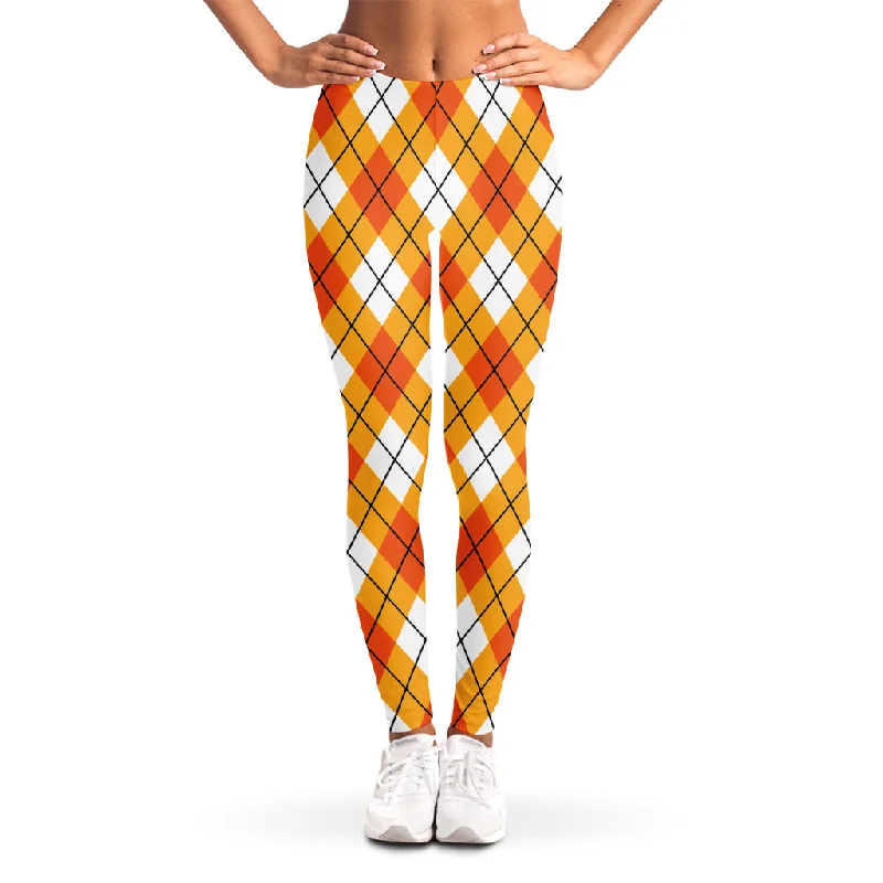 Get It Before It’s Gone Orange And White Argyle Pattern Print Women's Leggings