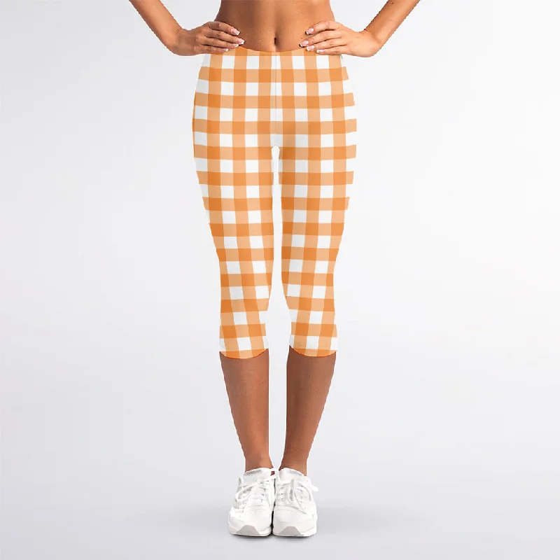 Early Access Orange And White Check Pattern Print Women's Capri Leggings