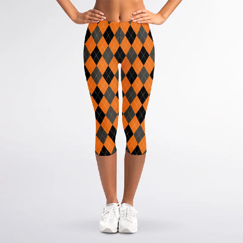 Big Discounts Orange Black And Grey Argyle Print Women's Capri Leggings