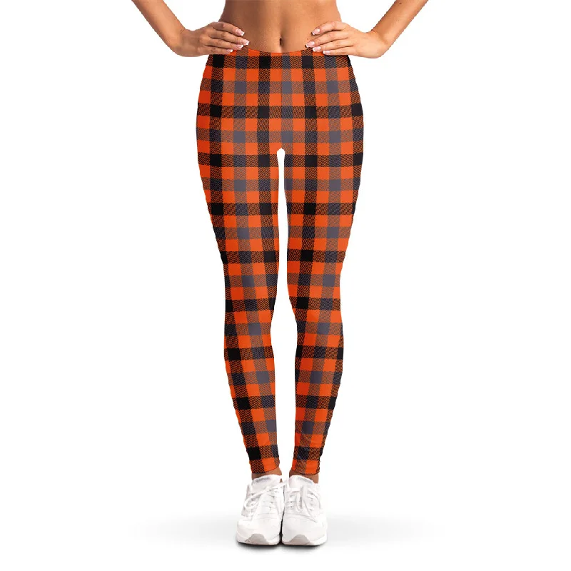 Seasonal Sale Orange Black And Grey Plaid Print Women's Leggings