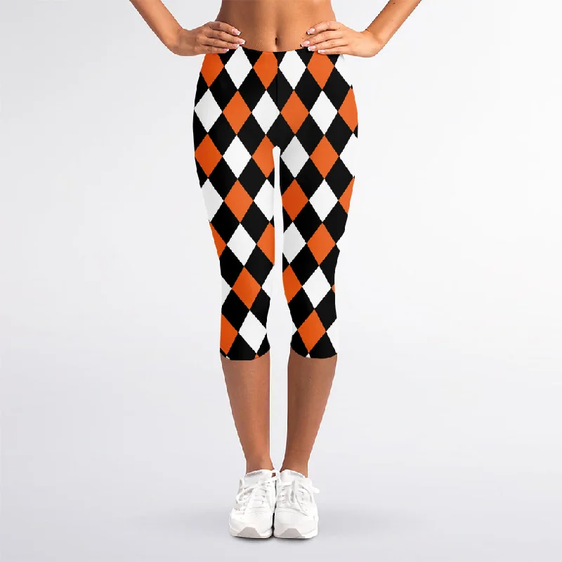 Savings Alert Orange Black And White Harlequin Print Women's Capri Leggings